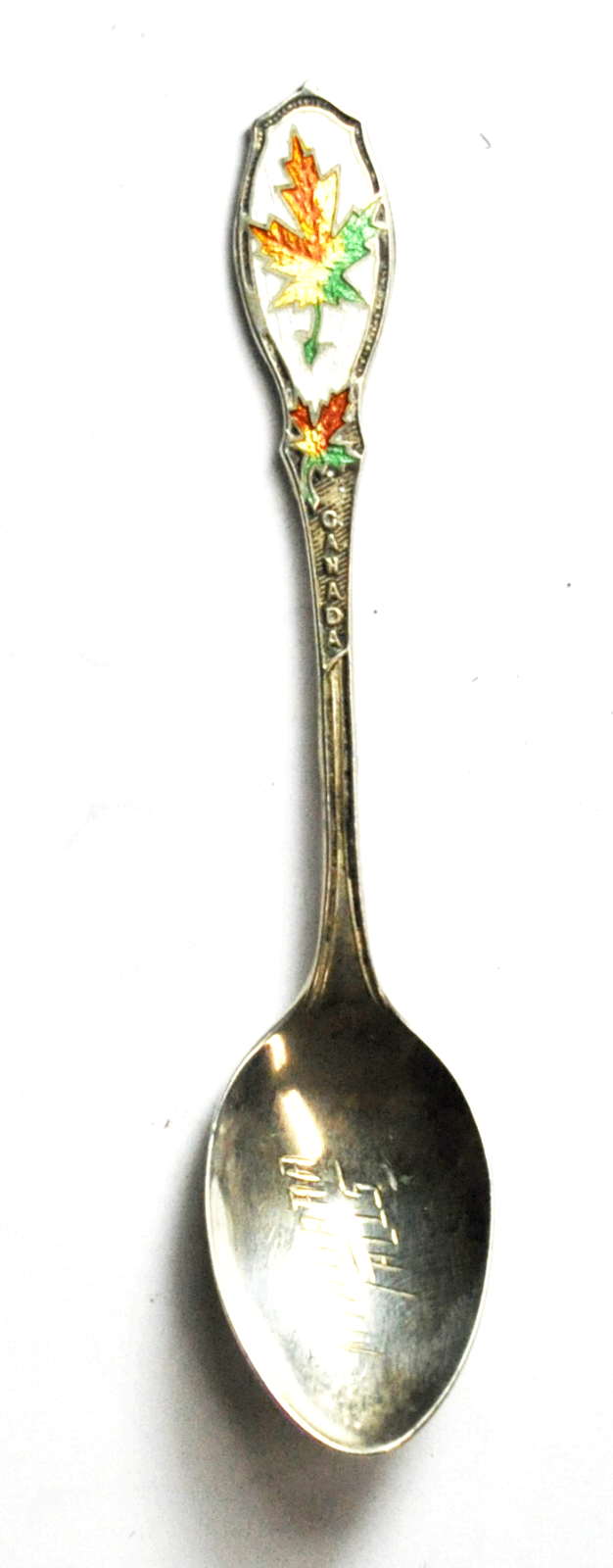 Sterling BMCo Guilloche Enamel Maple Leaf Souvenir Spoon 3-3/4" Niagara Falls