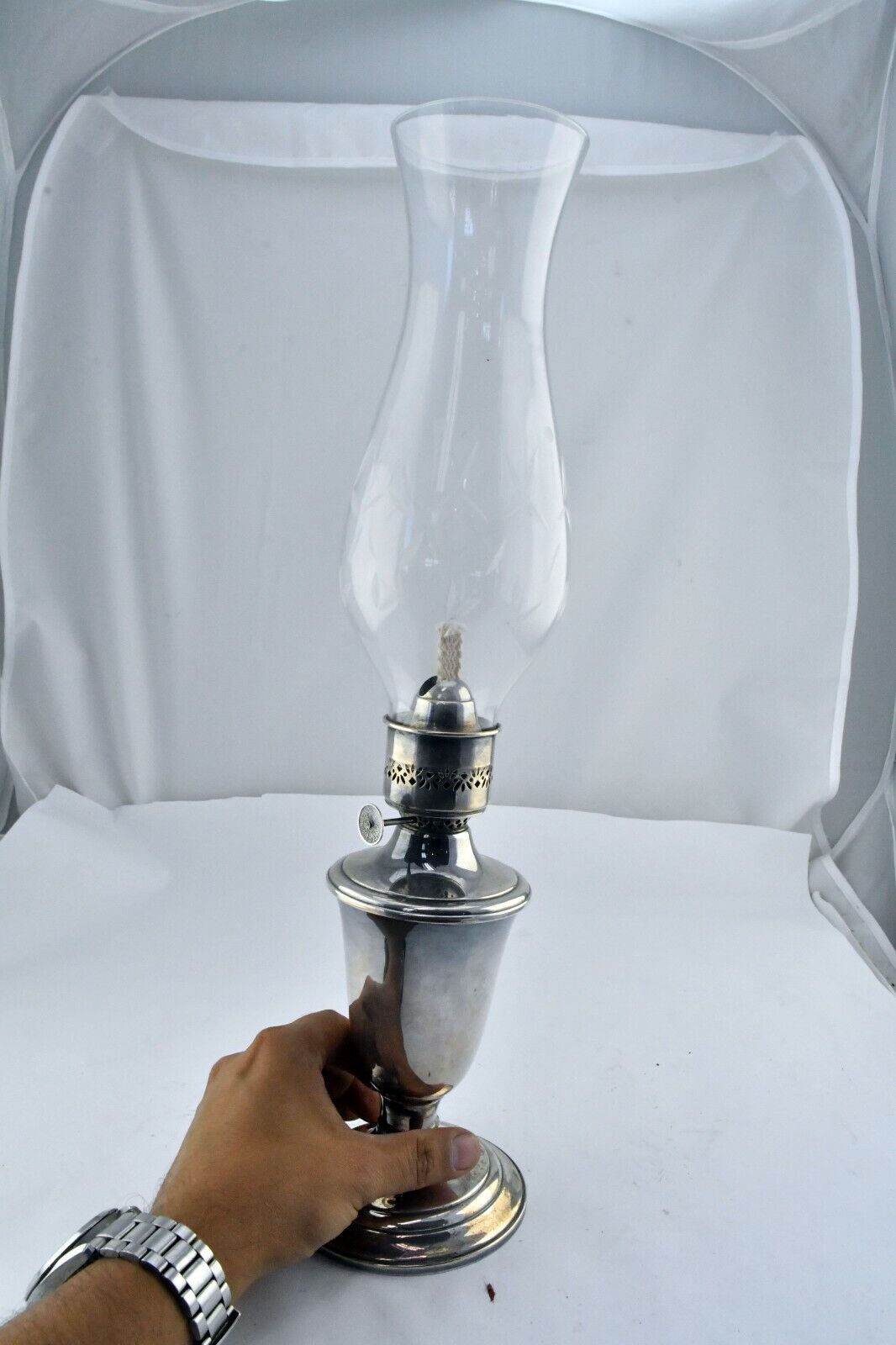 17" Vintage Gorham Silver Plate Kerosene Lamp with Glass Hurricane #YC490