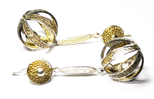 Beautiful 900 Fine Silver Dangle Ball Bell Filigree Earrings 2-3/4" 23mm