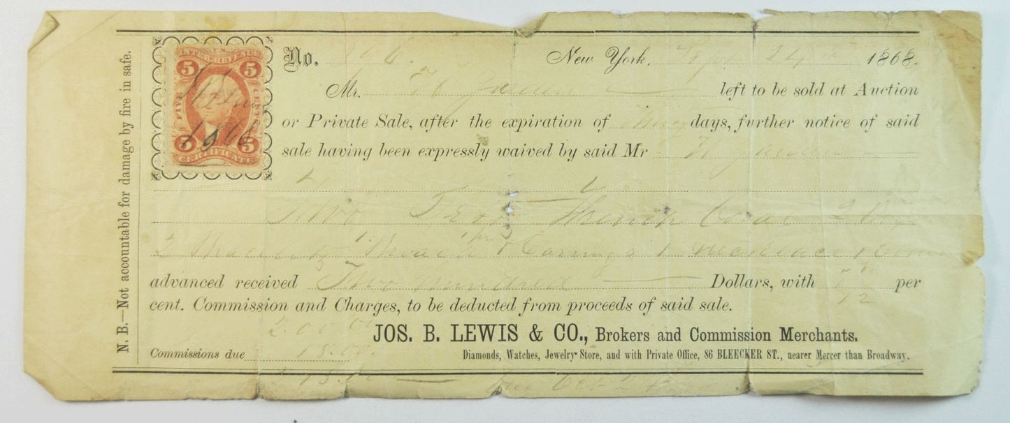 1868 5c Perforated Washington Stamp Joseph B Lewis Co Brokers Commission Sale
