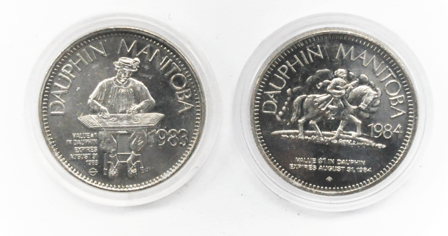 1983 & 84 Canada $1 Trade 2 Tokens 34mm Dauphin Manitoba Ukrainian Festival