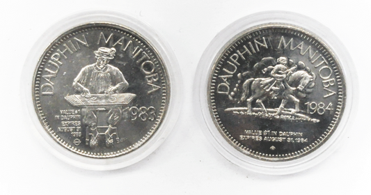 1983 & 84 Canada $1 Trade 2 Tokens 34mm Dauphin Manitoba Ukrainian Festival