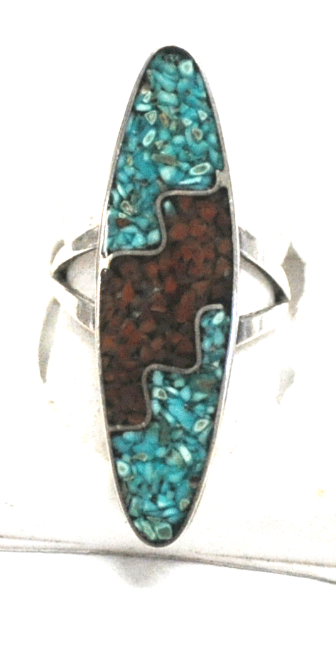 Sterling Turquoise Coral Chip Inlay Pointed Oval Ring 40mm Size 6
