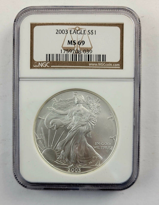 2003 American Silver Eagle $1 NGC MS69 Brown Label .999 Fine Silver 1oz.