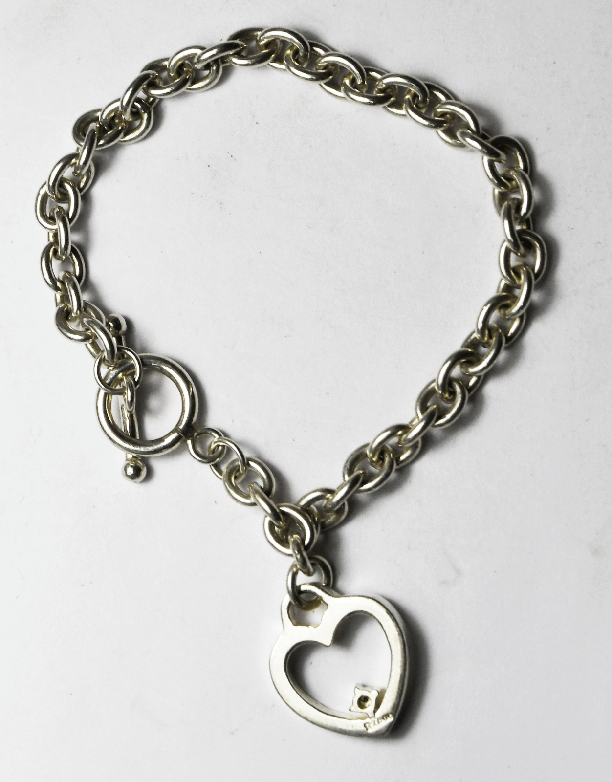 Sterling Silver Heart Charm Diamond Toggle Bracelet 5mm 7.25"  17g