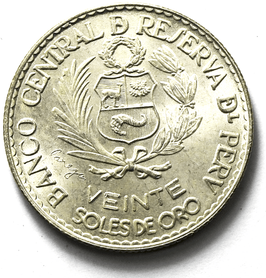 1965 Peru Silver Twenty Soles Coin KM# 241