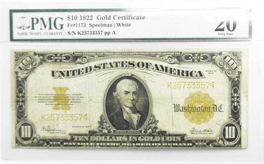 1922 $10 Ten Dollars Gold Certificate Large Note FR#1173 K25733357 PMG 20