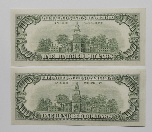 1985 $100 Federal Reserve Note Hundred Dollars J10428066A-67A Sequential Consec