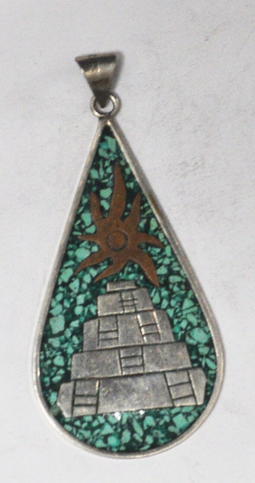 Silver Plated Green Blue Turquoise Chip Inlay Teardrop Mayan Mexico Pendant