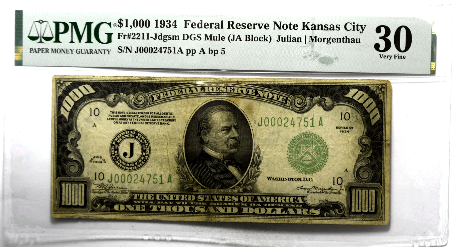 1934 $1000 Federal Reserve Note J00024751A Fr#2211J DGS Mule PMG 30 Stains KC