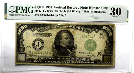 1934 $1000 Federal Reserve Note J00024751A Fr#2211J DGS Mule PMG 30 Stains KC