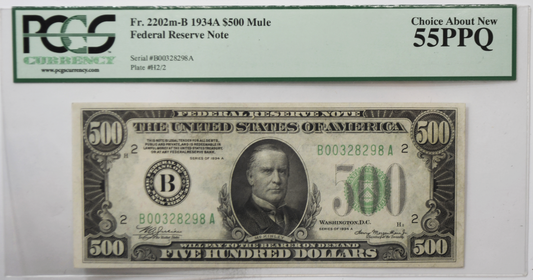 1934 A $500 Federal Reserve Note B00328298A FR#2202m PCGS 55 PPQ Mule