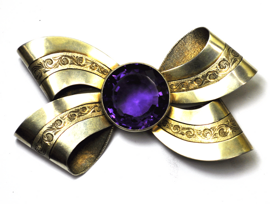 Vintage 900 Fine Silver 4" Large Bow Scroll Lace 29mm Amethyst Brooch Pin 60g