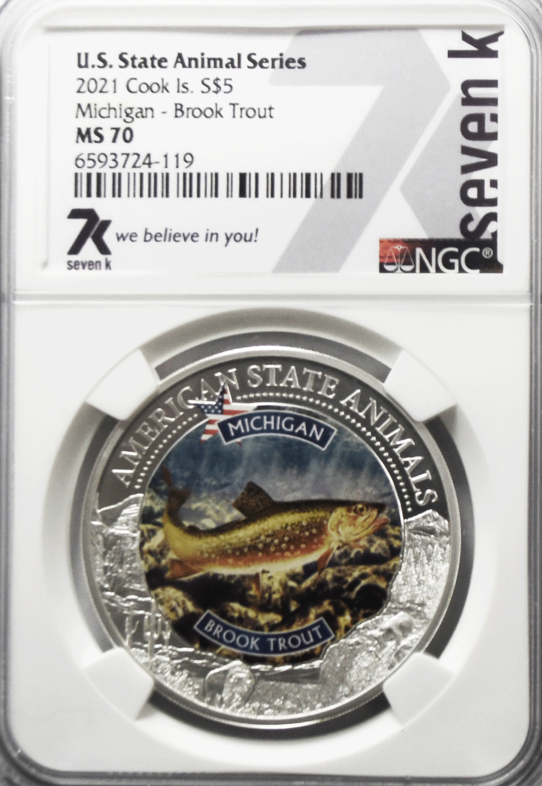 2021 $5 Cook Is Animal Series 7k w Card NGC MS70 Michigan Brook Trout