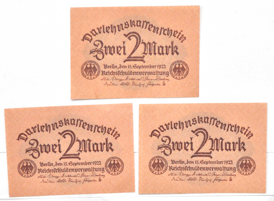 3  1922 Two 2 Zwei Mark Germany Uncirculated Notes
