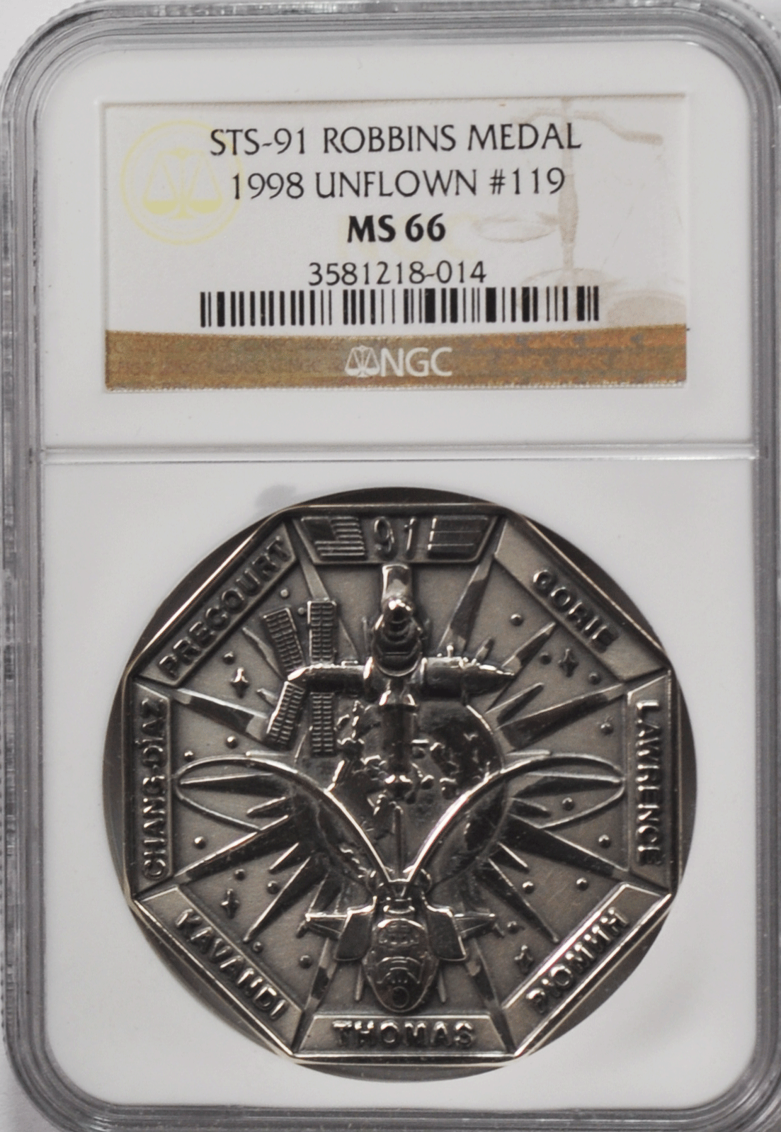 1998 STS-91 Robbins Silver Space Medal Unflown #119 NGC MS66 Discovery