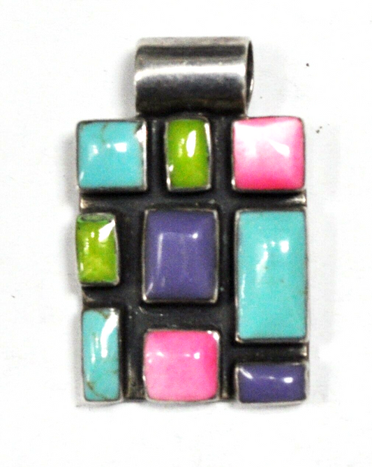 Sterling Silver Pastel Multi Gemstone Rectangle Brick Pendant 39mm x 25mm