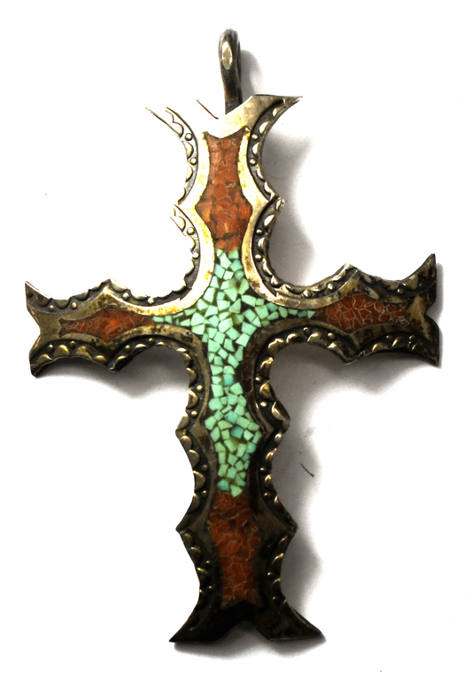 Sterling Turquoise Coral Chip Inlay Domed Jagged Cross Pendant 73mm x 49mm