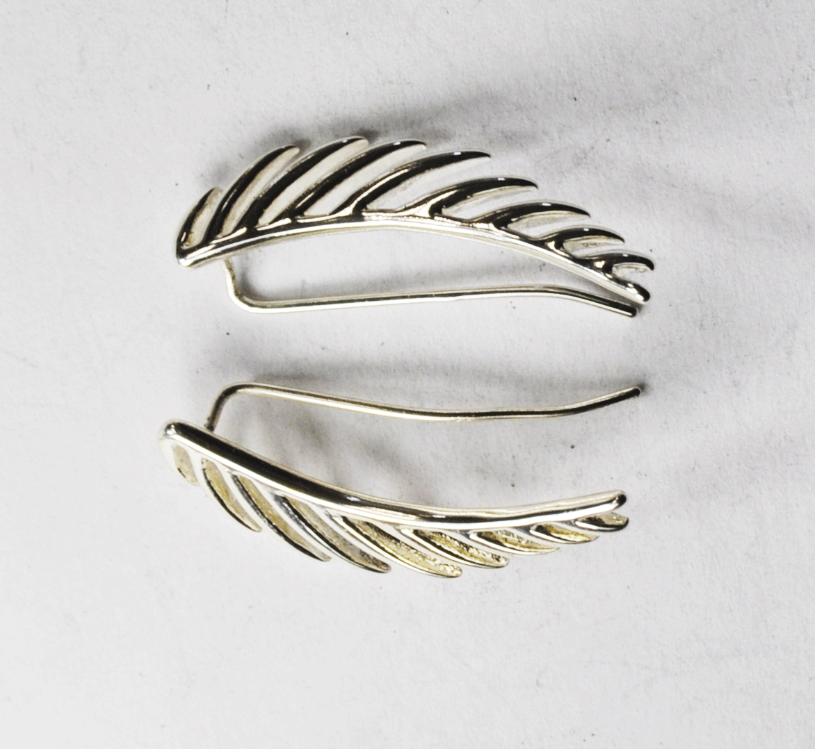 Sterling Silver Feather Stripe Wing Leaf Hook Earrings 30mm x 7mm