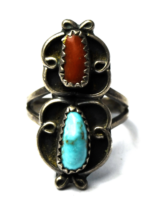 Sterling Silver Coral Turquoise Wire Loop Halo Vintage Ring 30mm Size 6-1/2