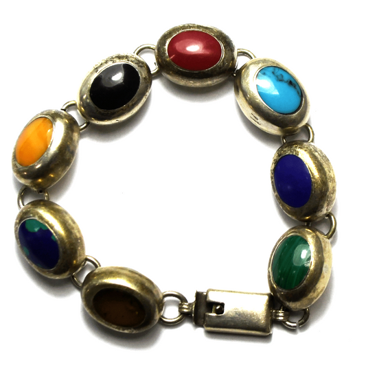 Sterling Silver Jasper Turquoise Malachite Spiny Oyster Bracelet 12mm 6.5"   30g