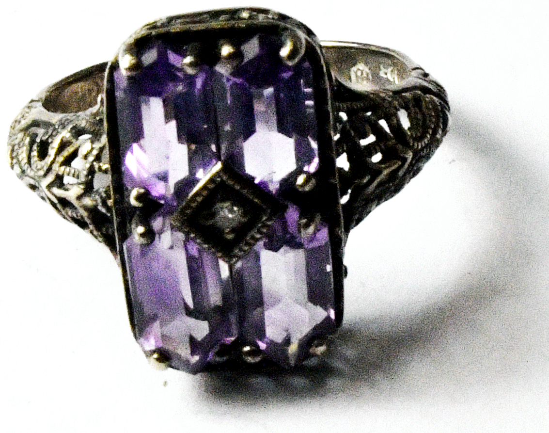 Sterling Silver Pd Amethyst Filigree Diamond Center Ring 15mm Size 6