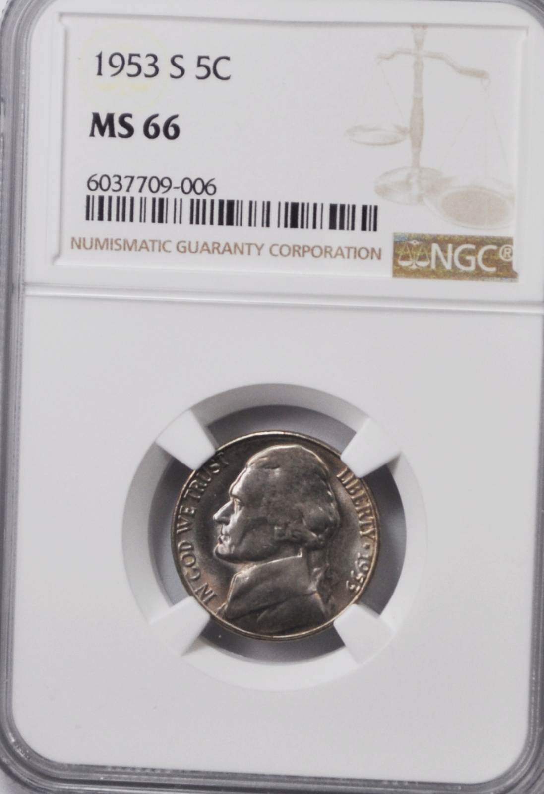 1953 S 5c Jefferson Nickel Five Cents NGC MS66 BU San Francisco