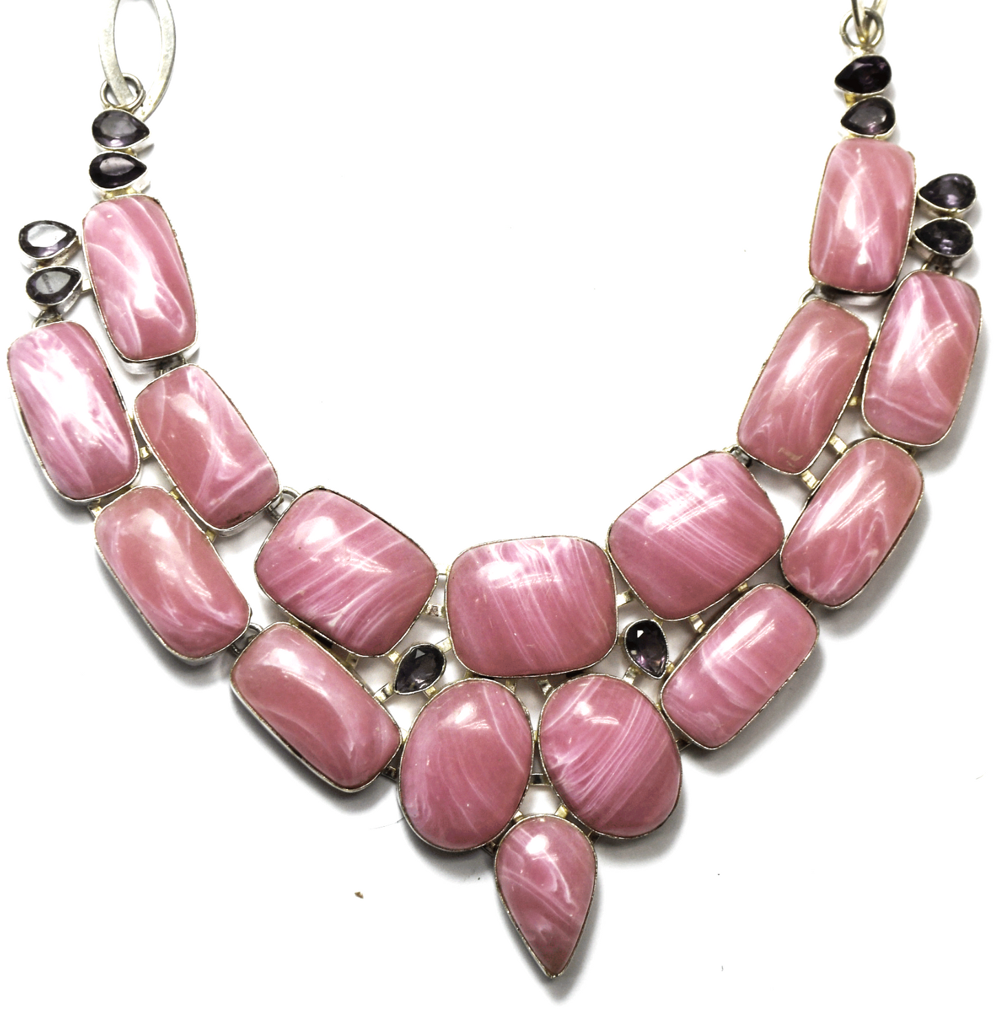 Sterling Pink Rhodochrosite Amethyst Large Heavy Toggle Necklace 23"