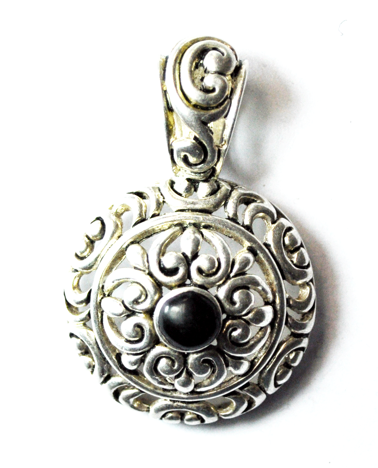 Silver Plate Premier Designs Round Black Onyx Filigree Pendant 1-3/4"