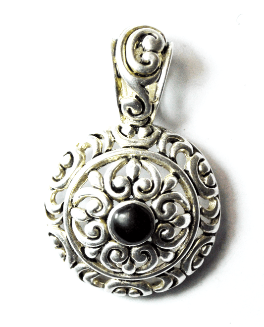 Silver Plate Premier Designs Round Black Onyx Filigree Pendant 1-3/4"