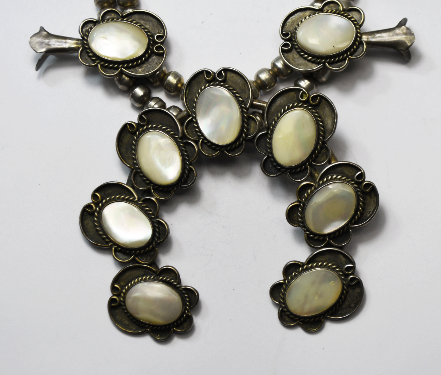 Coin Silver 26" Squash Blossom 3-5/8" Naja MOP 47mm Earrings 54mm Cuff Bracelet