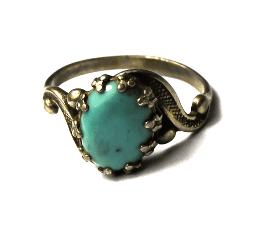 Sterling Silver Signed Turquoise Scroll Edge Ring 12mm Size 5-3/4