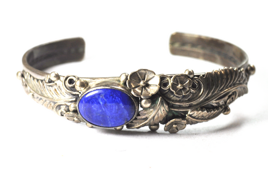 Vintage Sterling Silver Lapis Floral Flower Cuff Raymond Gasper 16mm 6-1/4"
