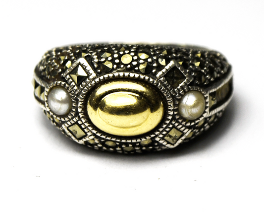 Sterling Silver Judith Jack Marcasite Two Tone Pearl 12mm Ring Size 8
