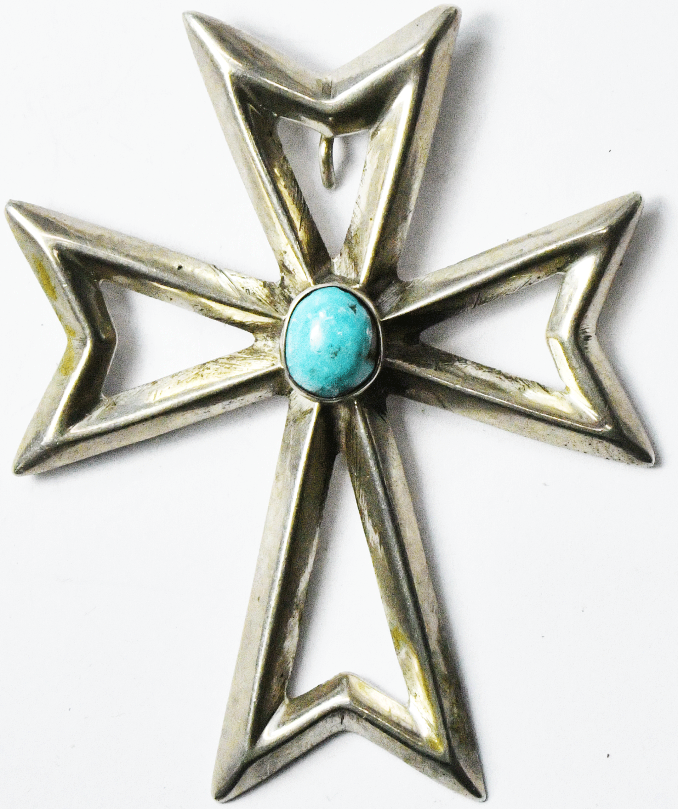 Antique Sterling Silver Sand Cast Large Turquoise Cross Clip 74mm x 58mm