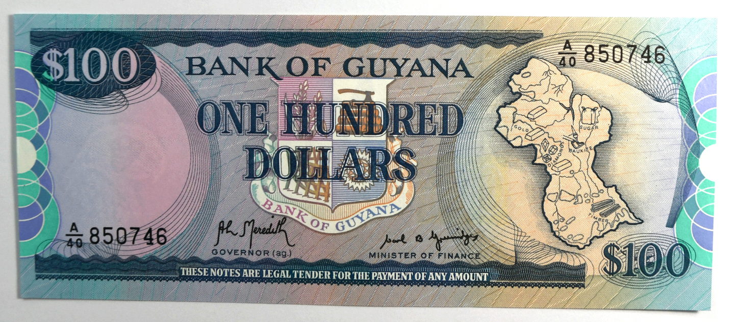 1989 Bank of Guyana $100 One Hundred Dollars Uncirculated Banknote A/40 850746