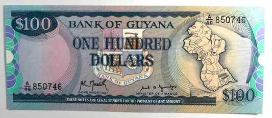 1989 Bank of Guyana $100 One Hundred Dollars Uncirculated Banknote A/40 850746