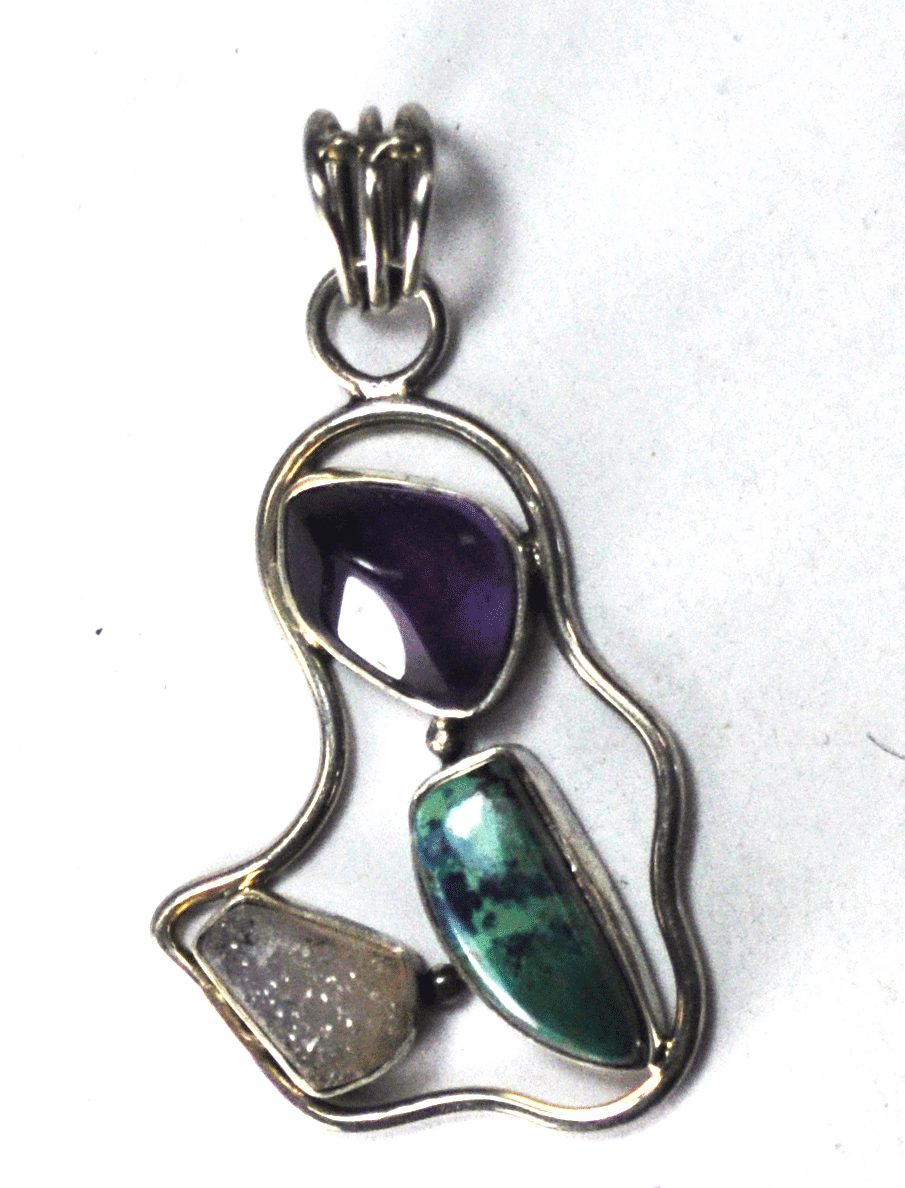 Sterling Silver Druzy Amethyst Turquoise 57mm x 31mm Pendant 7mm Bale