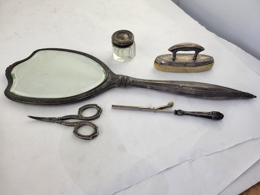Victorian Sterling Repousse 5 Piece Vanity Set Mirror  scissors Nail Buffer