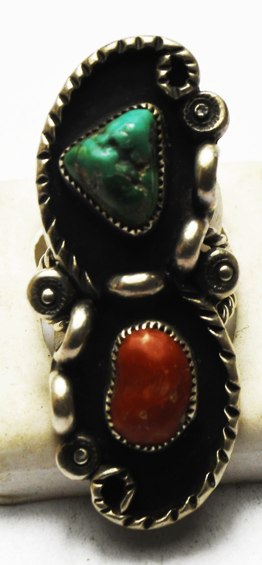 Sterling Silver J Gray Turquoise & Coral Elongated Ring 48mm Size 7