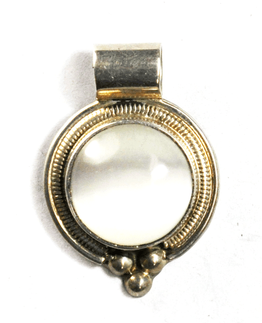 Mexico Sterling Silver ATI White Iridescent Round 7mm Bale Pendant 26mm x 37mm