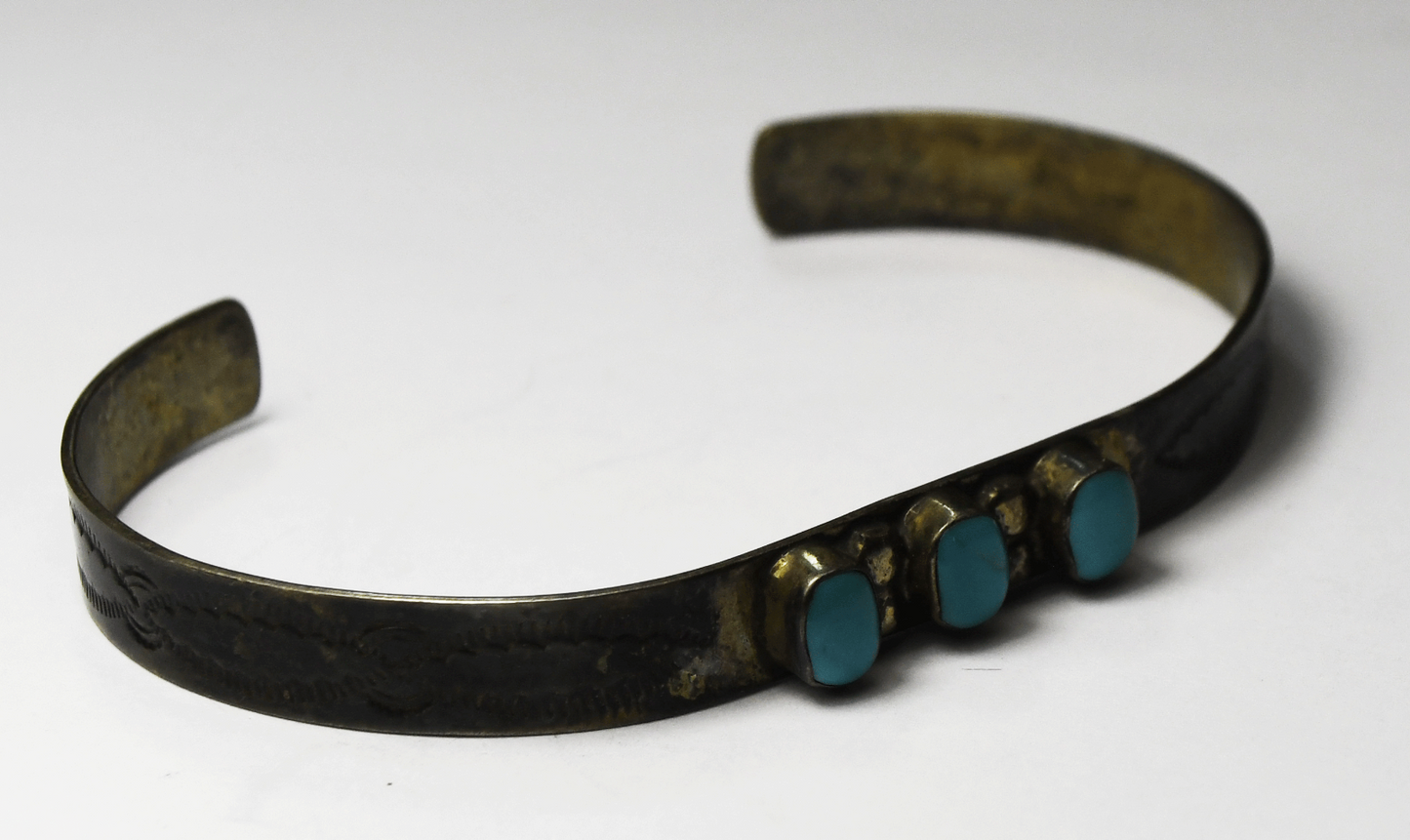 Sterling W Long Antique Triple Turquoise Cuff Bracelet 6mm 7" Wrist