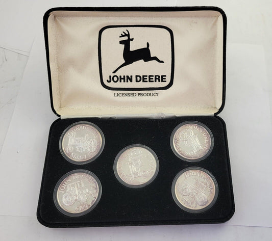 John Deere Tractor 5pc Set Of 1 oz .999 Fine Silver Rounds In Plastic & Boxed