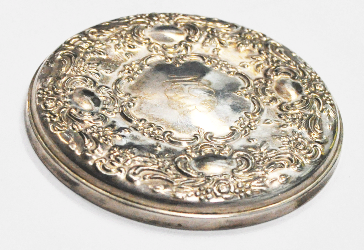 Vintage Silver Plated Compact Mirror Scroll Pattern 3-1/4"