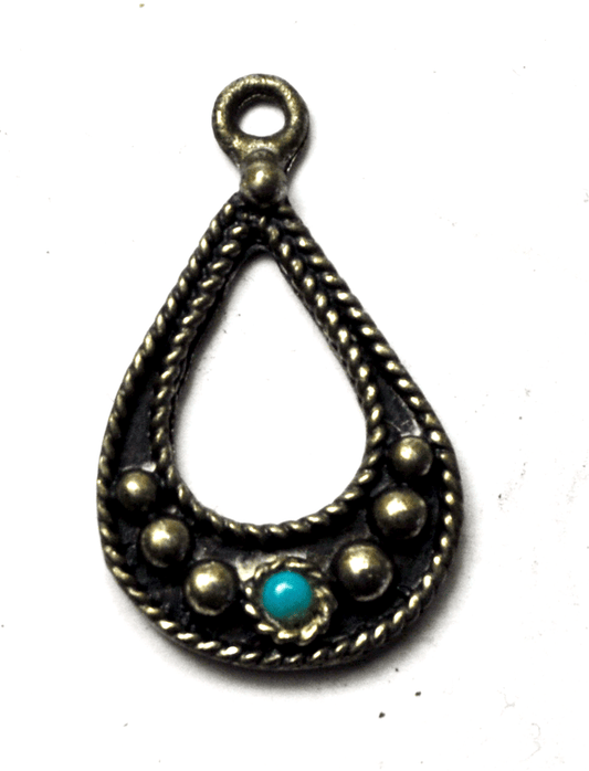 Sterling Silver Blue Turquoise Dot Tear Drop Cut Out Pendant 1.25" 20mm