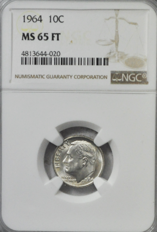 1964 10c Roosevelt Silver Dime NGC MS65 FT Philadelphia Toned Reverse