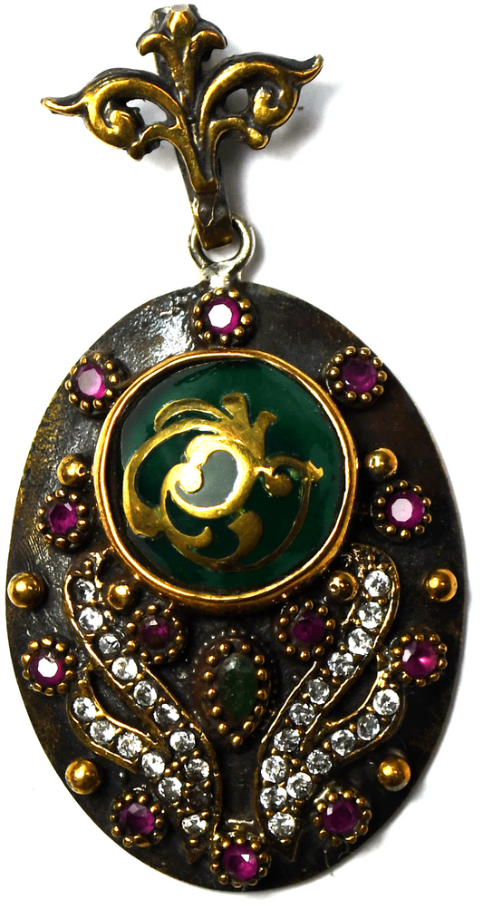 Sterling Silver Two Tone Oval CZ Green Enamel Floral Oval Pendant 58mm x 31mm