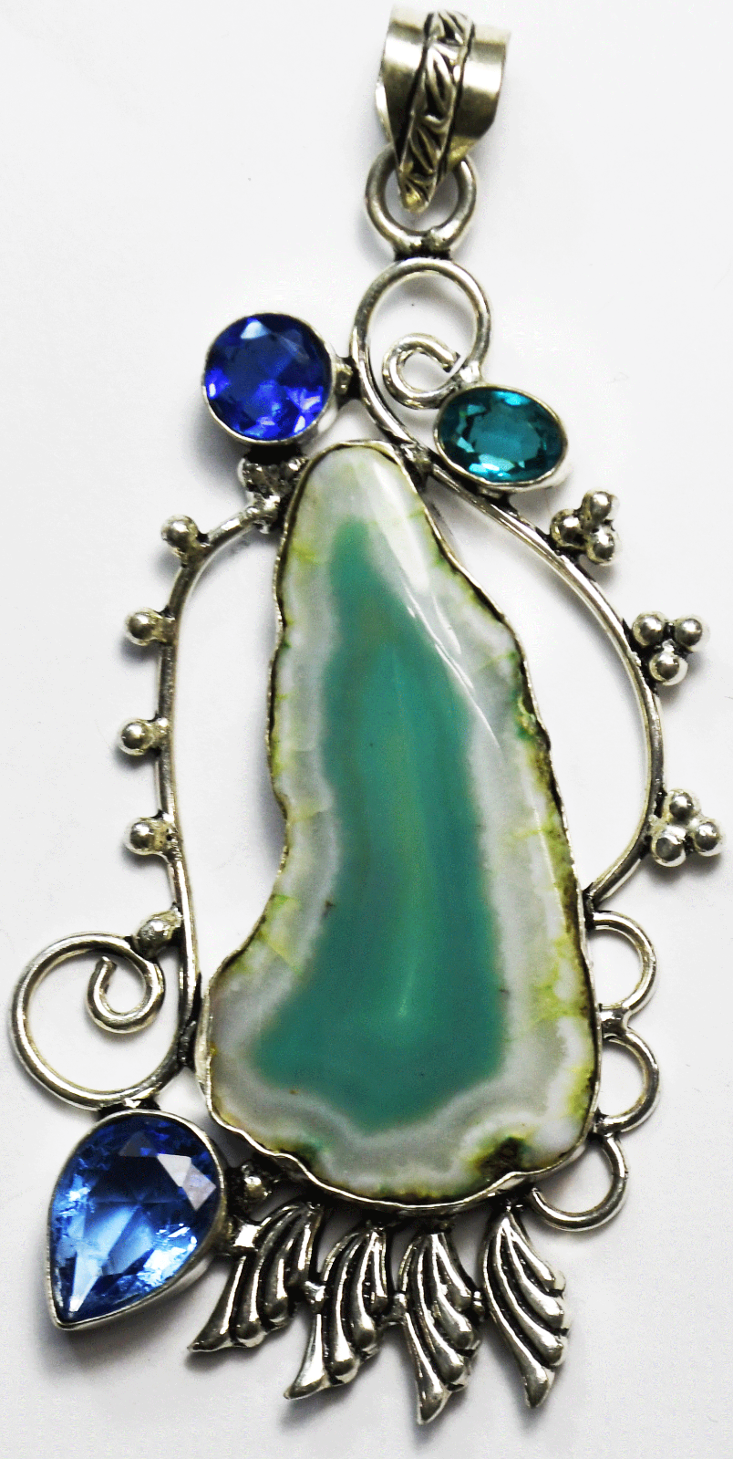 Sterling Silver Large Blue & White Agate Floral Vine Pendant 3.5" x 46mm