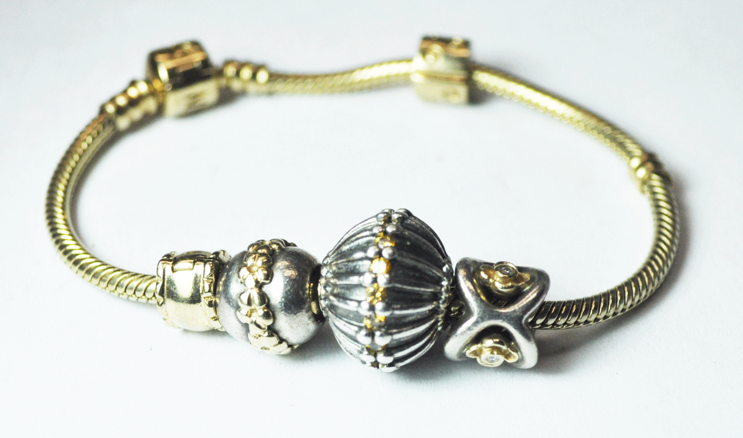 14k Pandora Bead Bracelet 2 Gold & 2 Silver Charms 7-1/4" CZ Flower