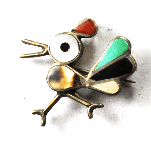 Vintage Sterling Silver Inlay Turquoise MOP Coral Onyx Bird Brooch Pendant 29mm